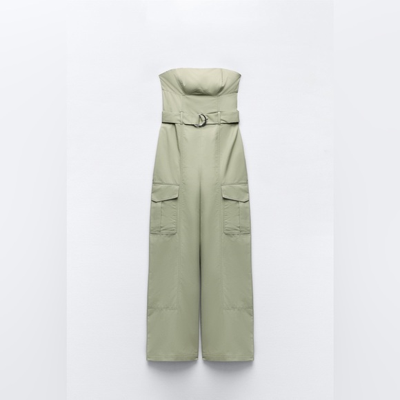 Zara jumpsuit technical fabric cargo sleeveless wide streight leg light khaki - Picture 10 of 12